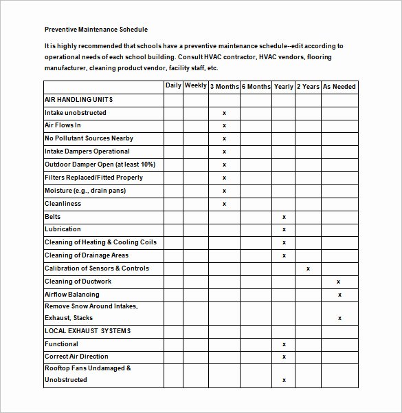 preventive maintenance schedule template