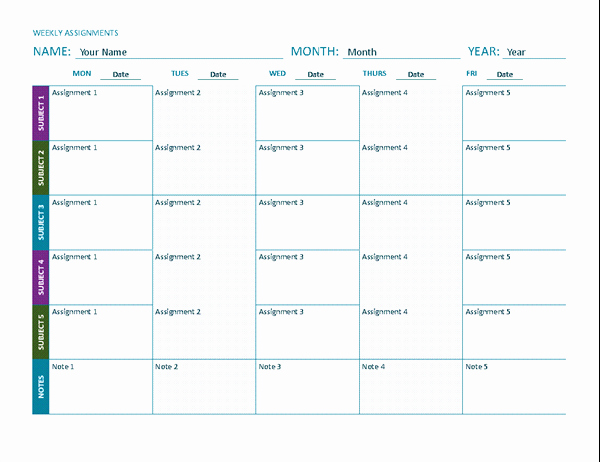 Weekly assignment sheet color, landscape TM