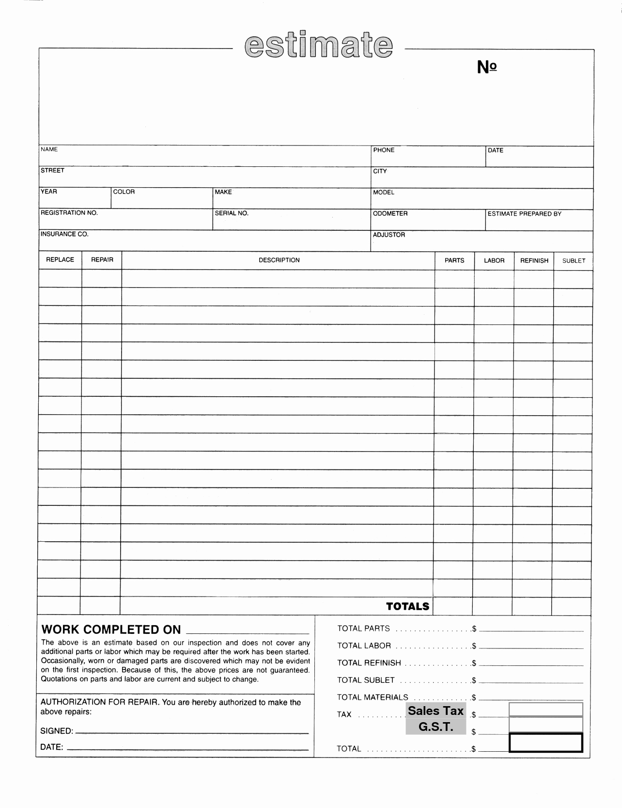 Auto Repair Estimate Form Pdf