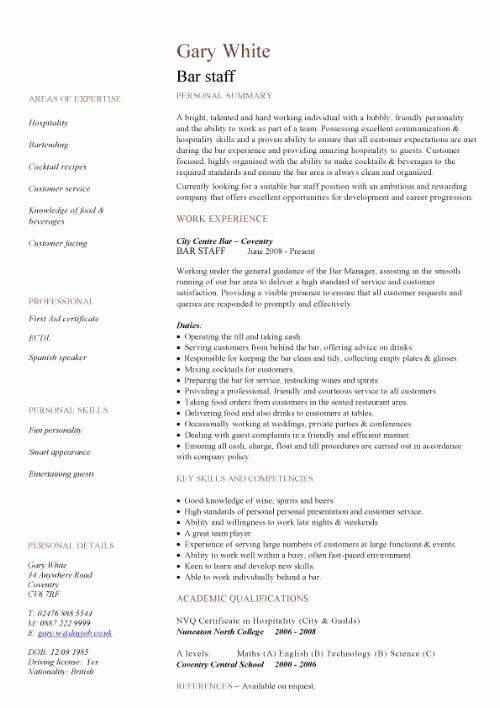 bar staff cv sample 440