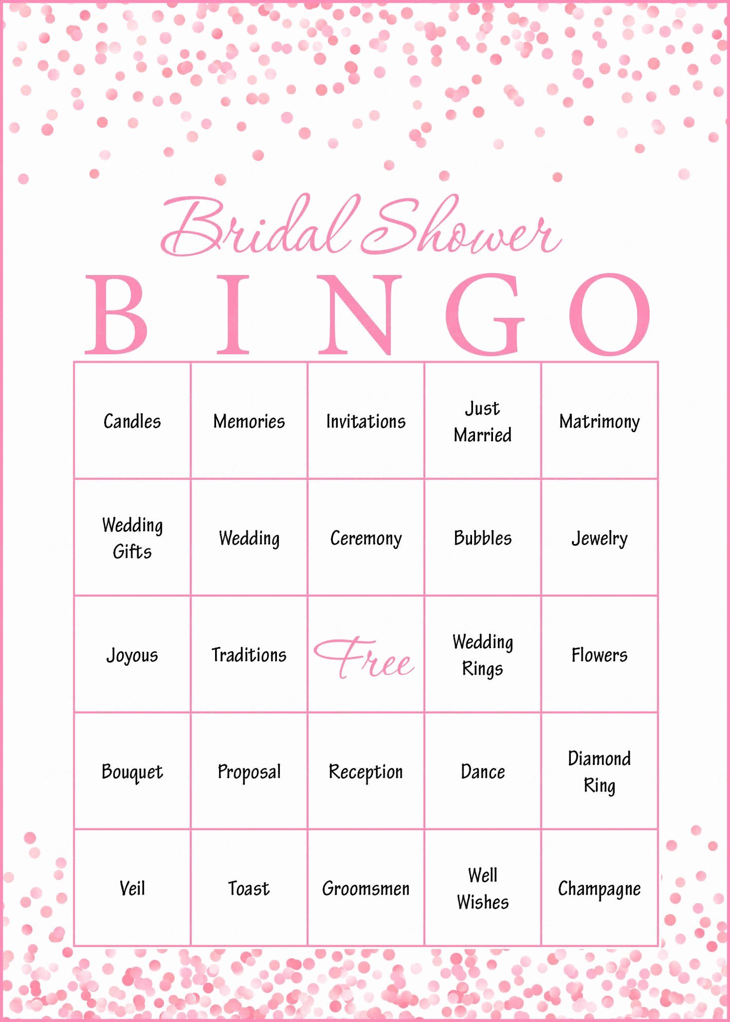 Bridal Shower Bingo Templates Best Of Pink Confetti Bridal Shower Game Download for Wedding