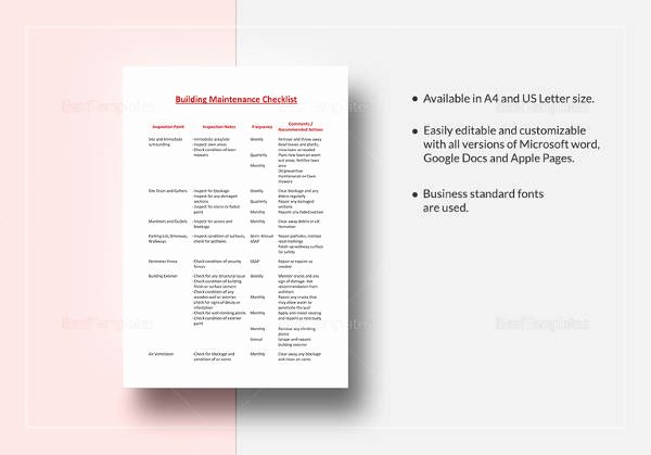 maintenance checklist template