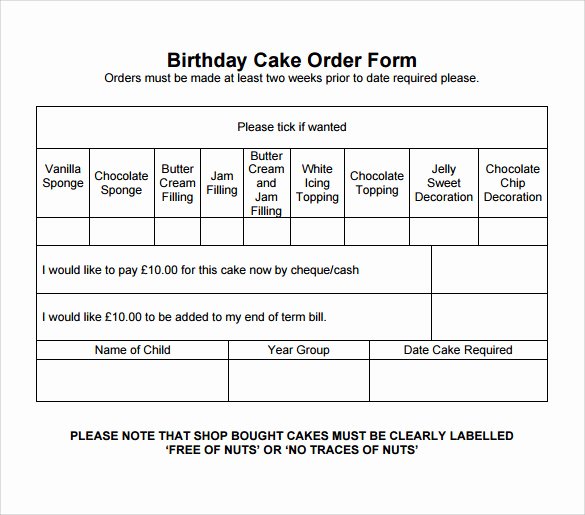 sample cake order form template