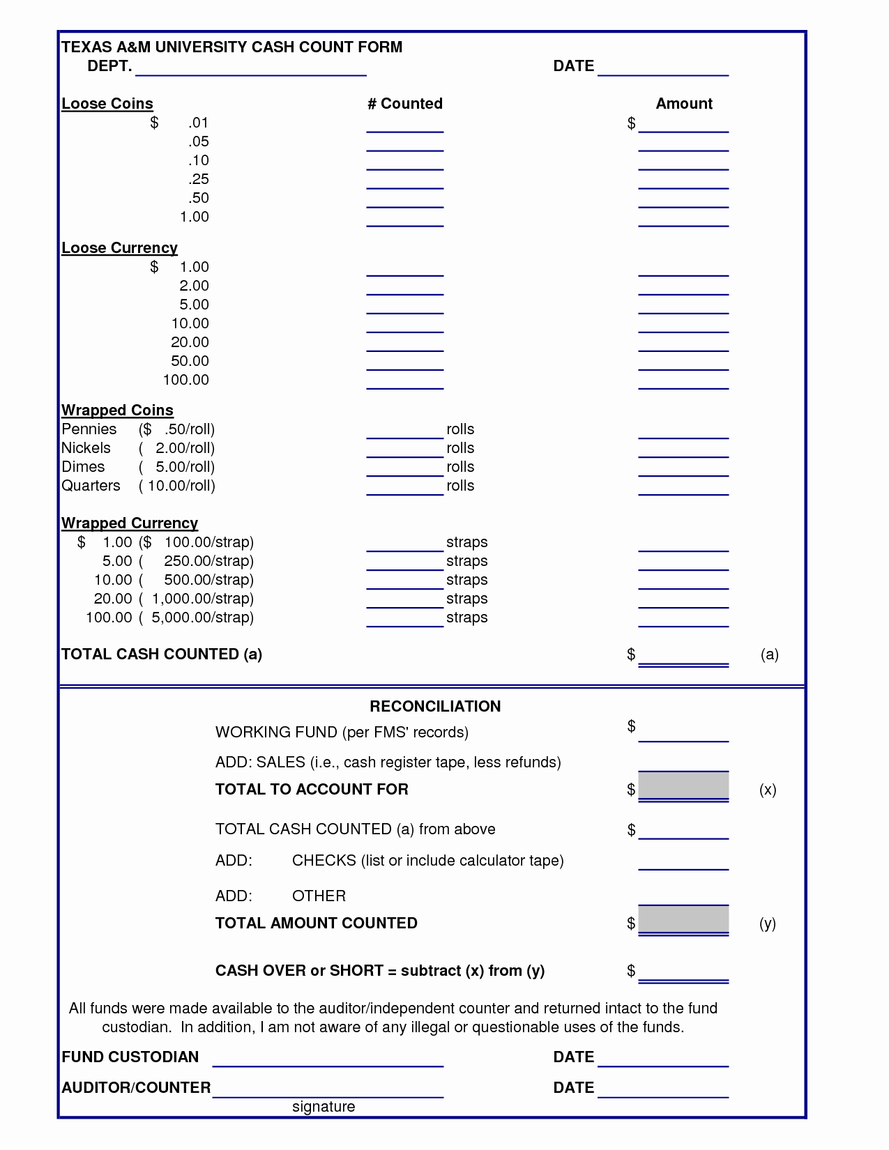 cash drawer count sheet template