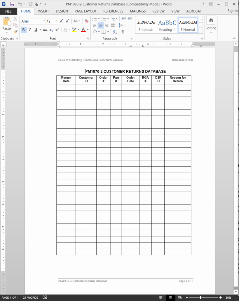 customer returns database template