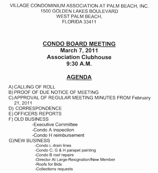 notice of board meeting village condominium association 930 am march 7 2011