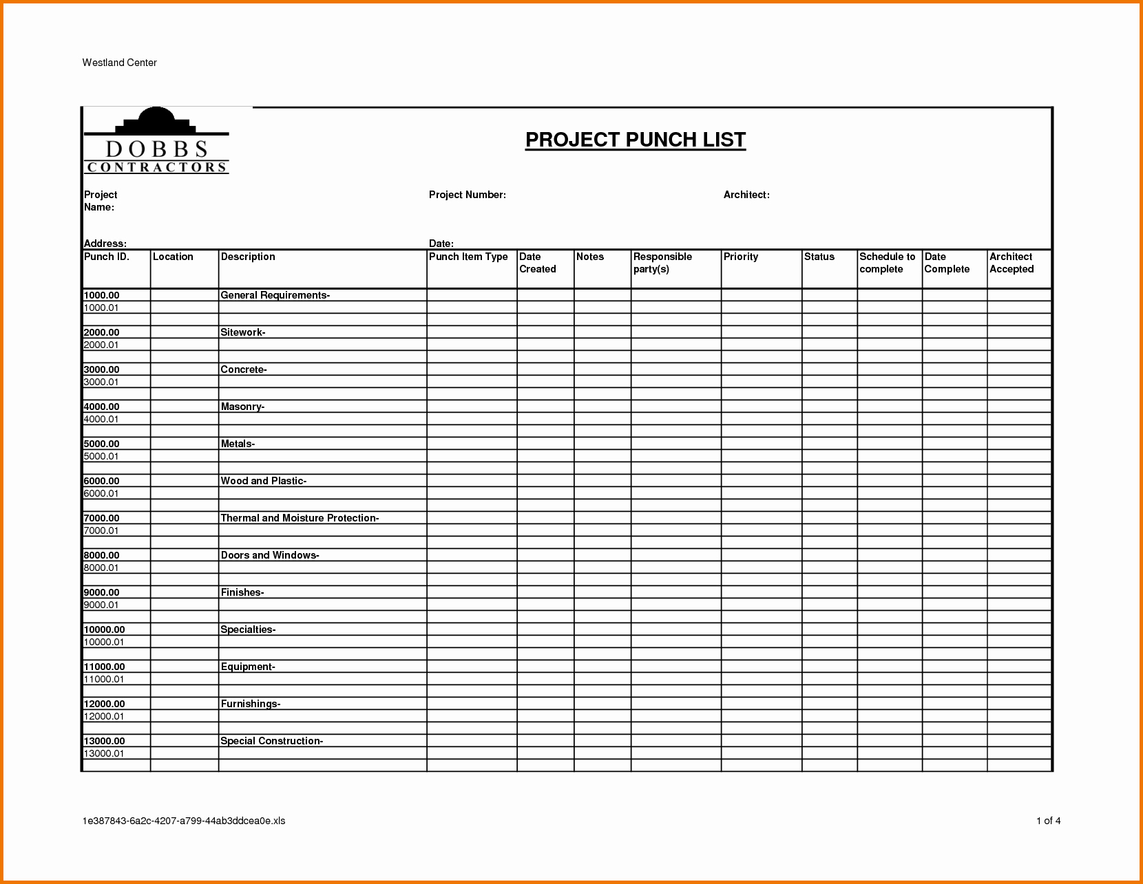 construction project punch list template 712