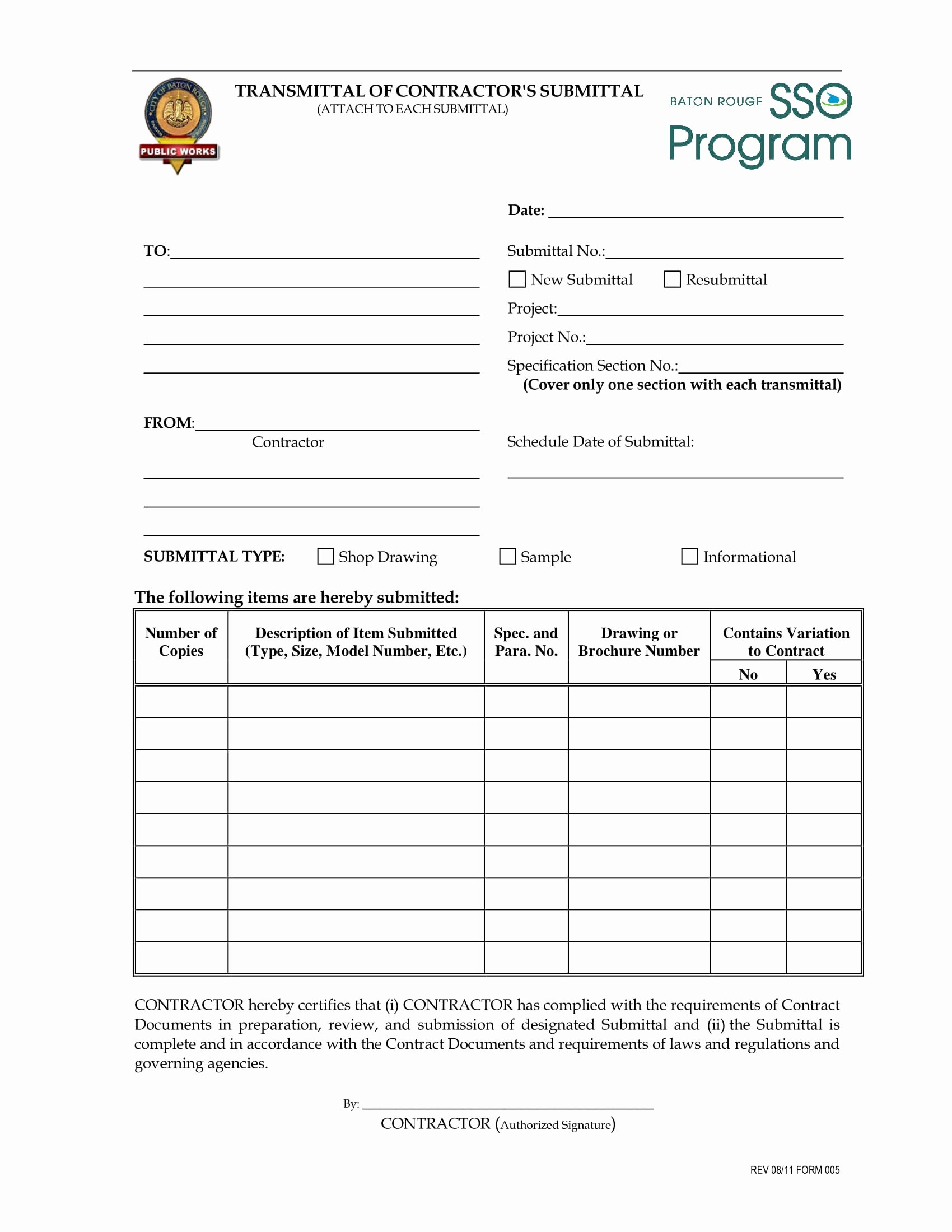 Construction Transmittal Form