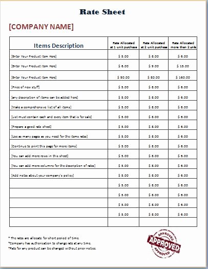 official design rate sheet template