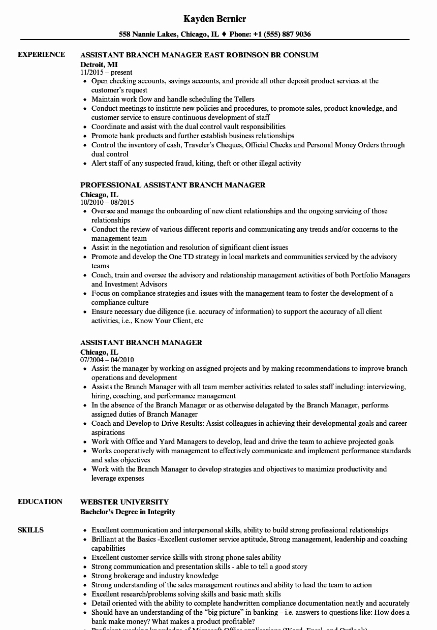 assistant branch manager resume sample