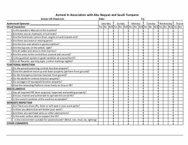 scissor lift 2 daily inspection log