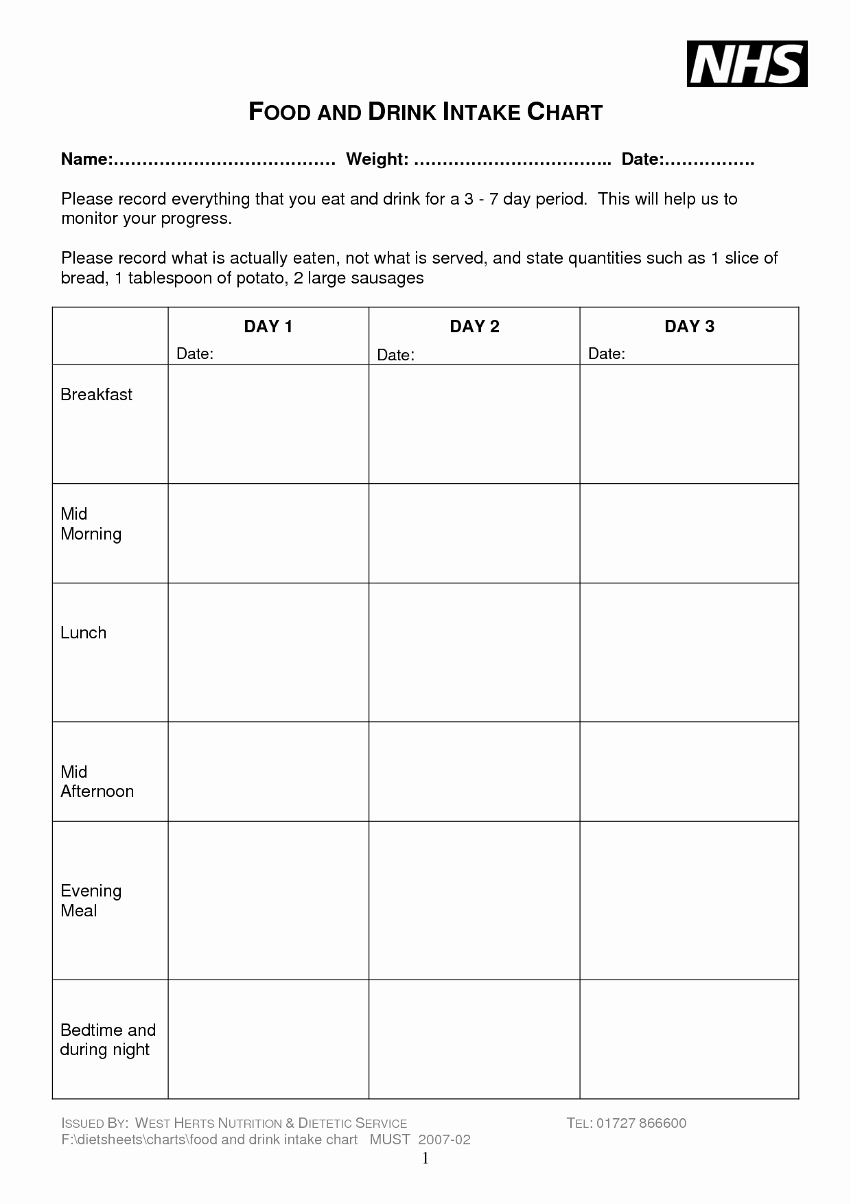 Daily Food Intake Chart