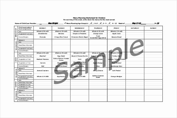 sample daycare menu