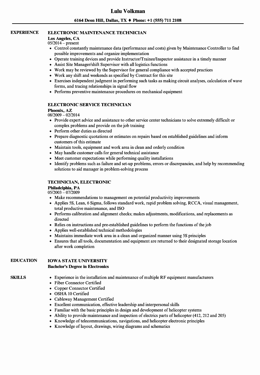 technician electronic resume sample