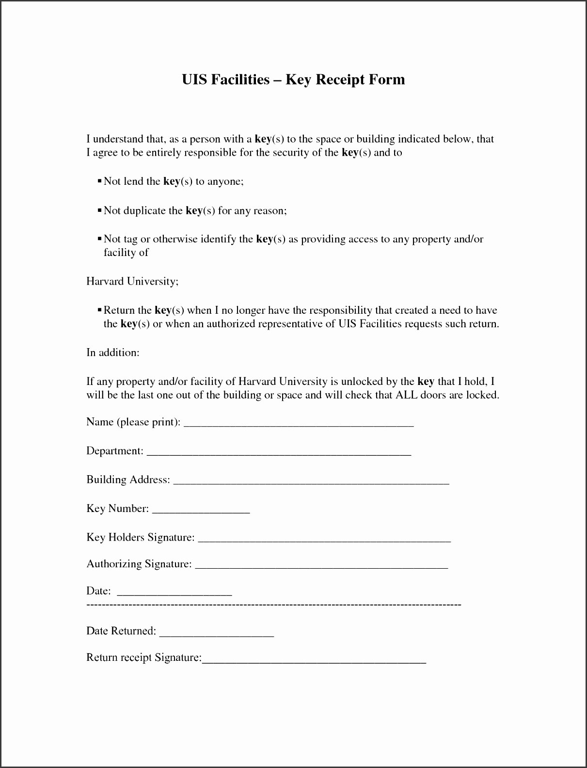 Employee Key Agreement form Lovely 10 Free Printable Receipt form Sampletemplatess