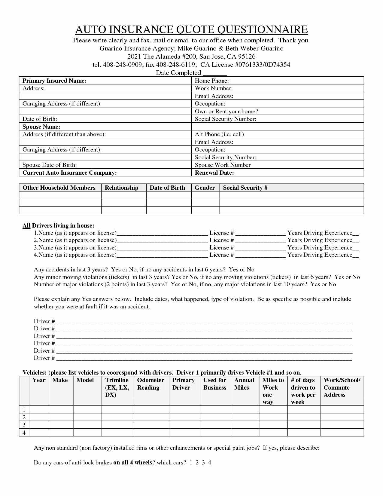 auto insurance questionnaire template