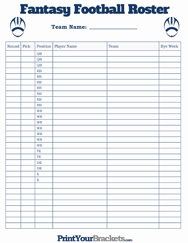 printable fantasy football roster sheet