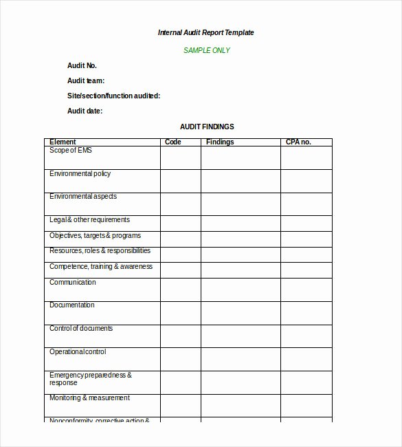 brilliant internal audit report template sample with table format of findings and blank filled information