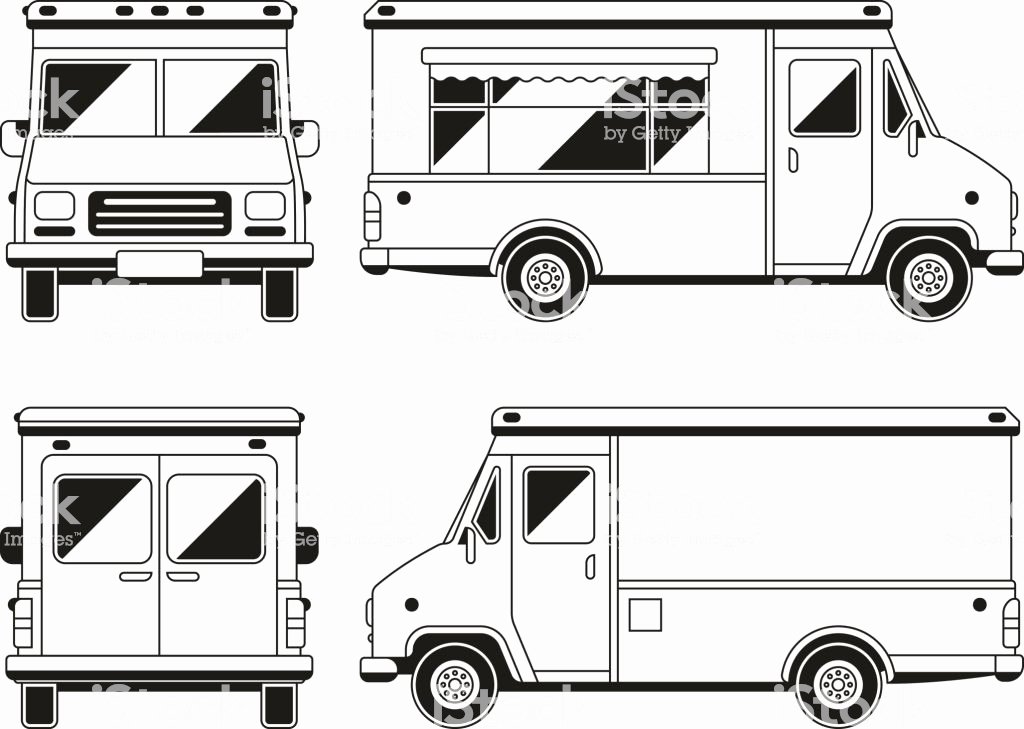 blank mercial food truck in different points of view outline vector template for gm