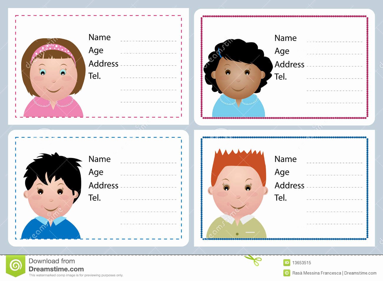 Free Child Id Card Template Awesome Children Name Card Stock Vector Illustration Of
