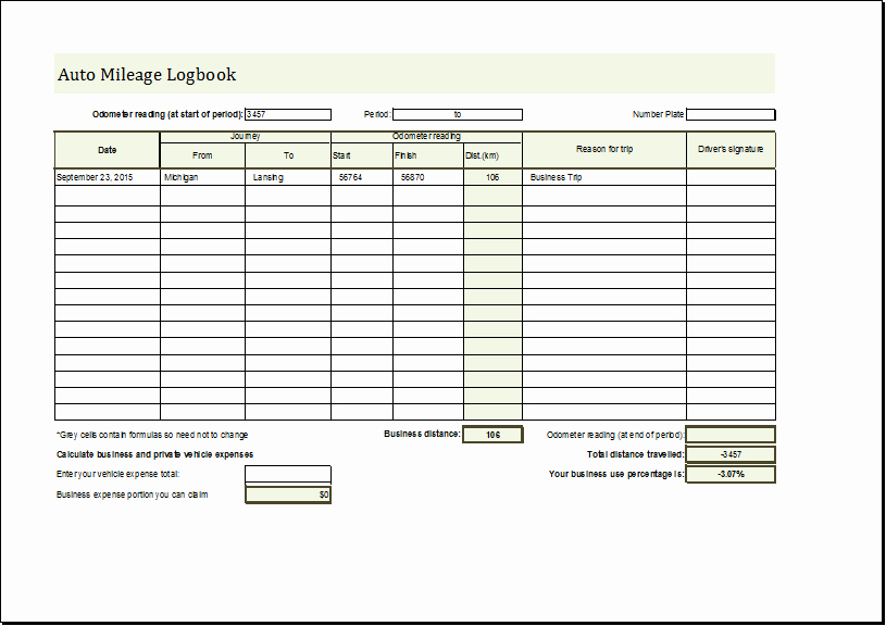 mileage log book template