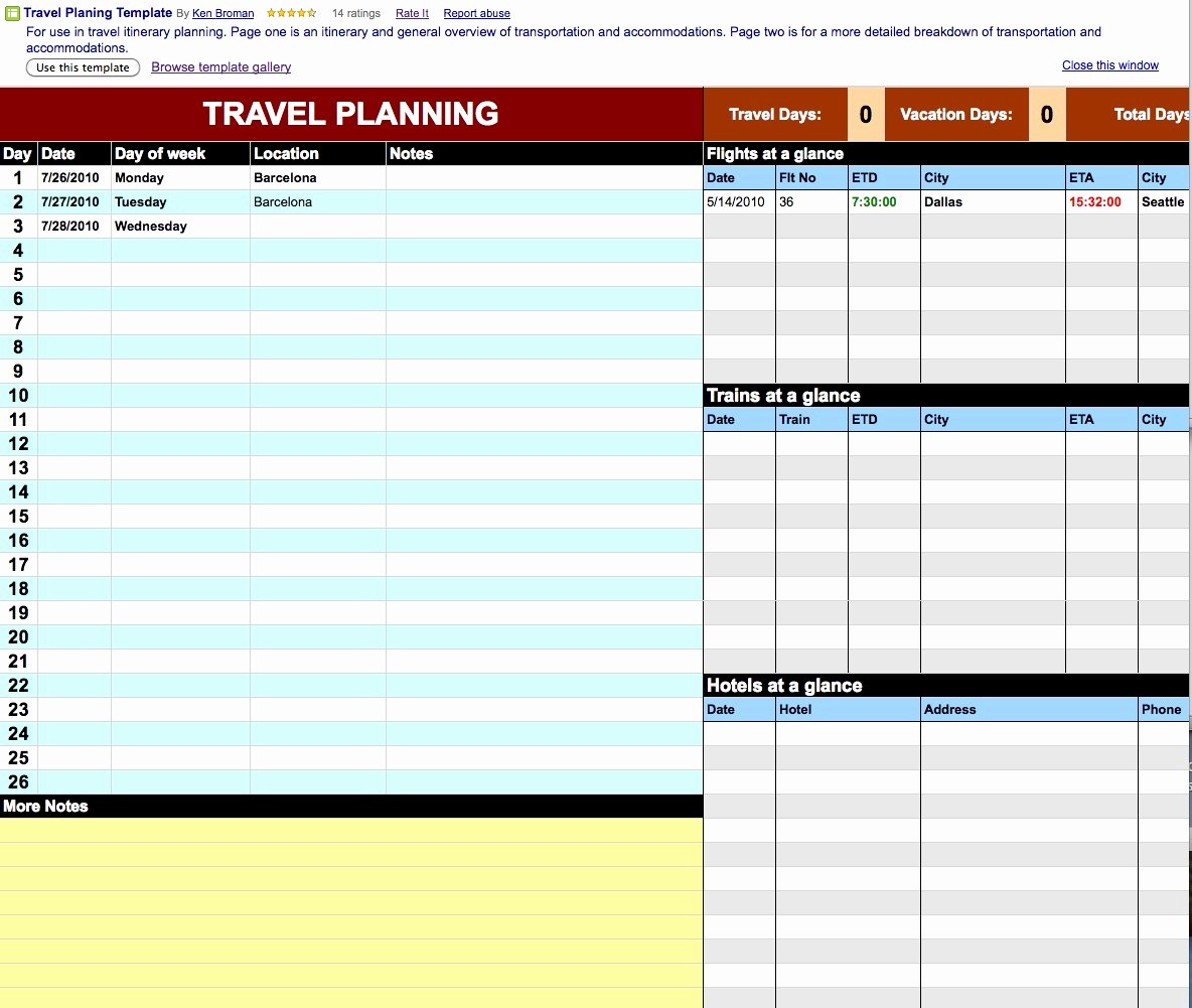 vacation planner spreadsheet