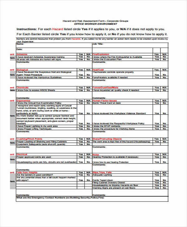 sample risk assessment forms