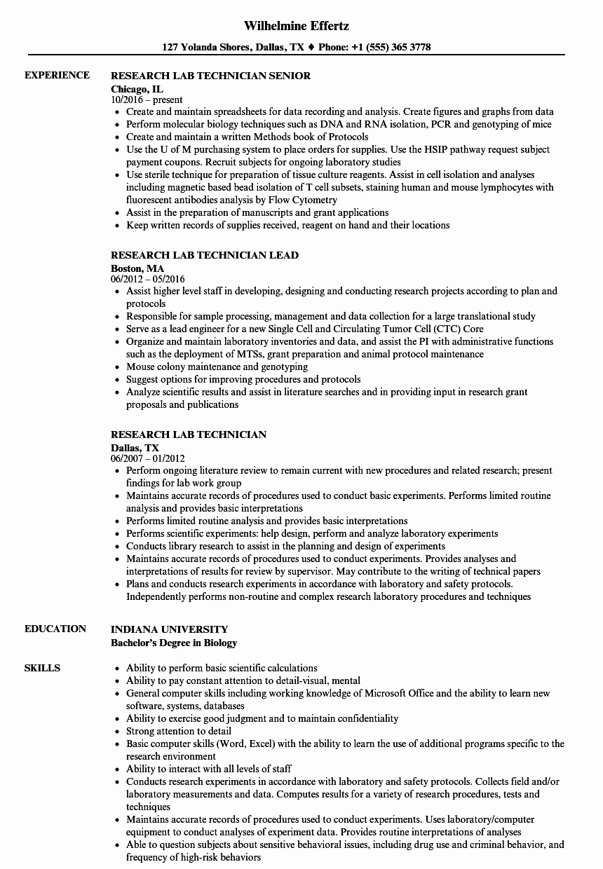 research lab technician resume sample