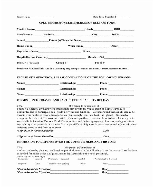 Lds Permission form Lovely Sample Emergency Release form