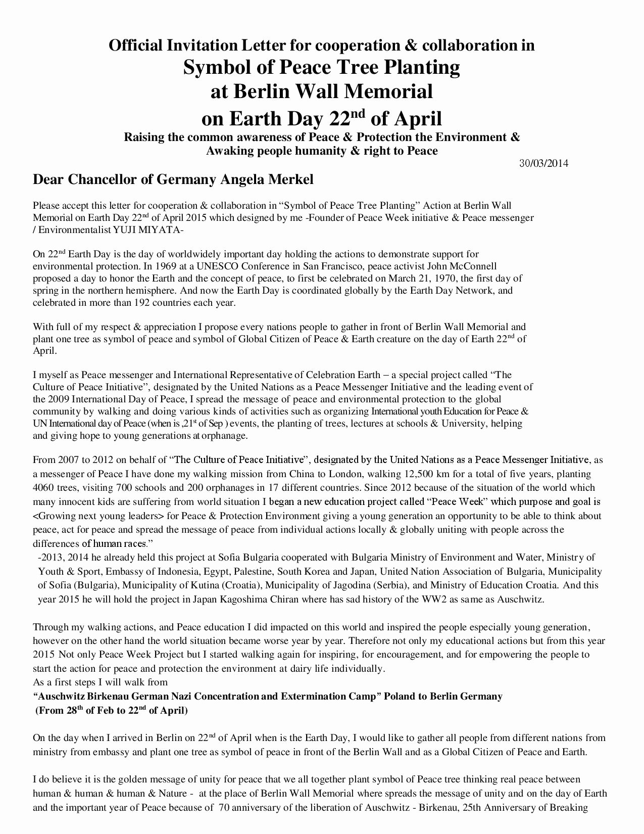 official invitation letter for cooperation collaboration in symbol of peace tree planting at berlin wall memorial on earth day 22nd of april