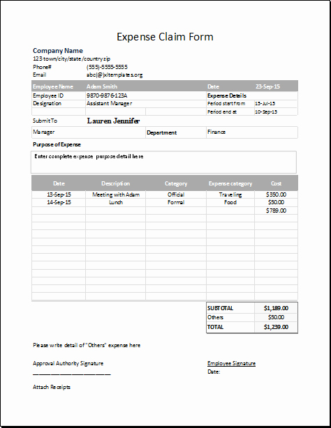 expenses claim and reimbursement form sample for excel document