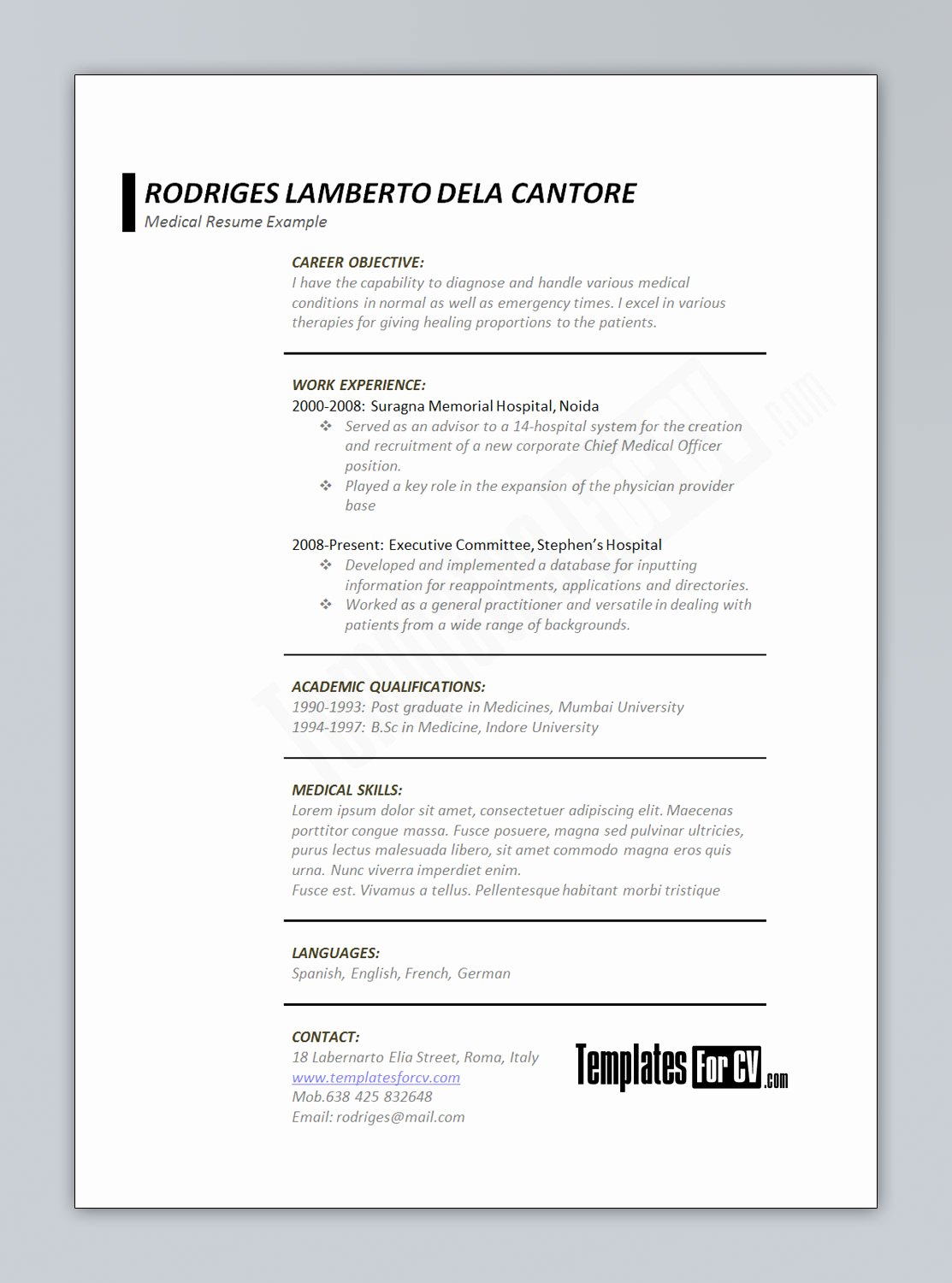 template cv medical