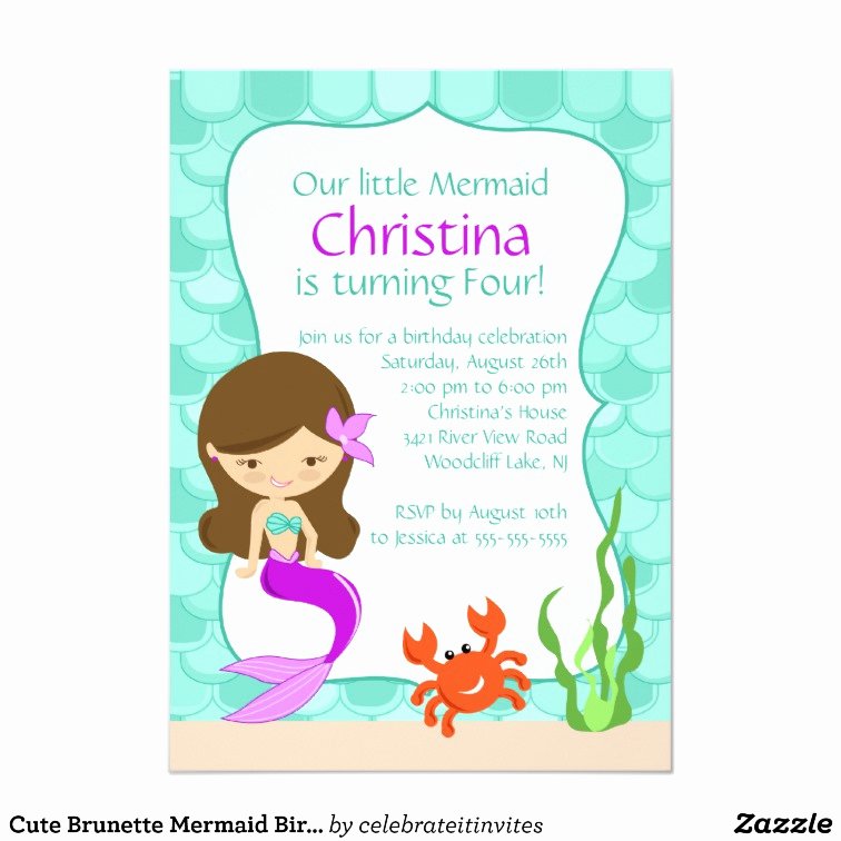cute brunette mermaid birthday invitation