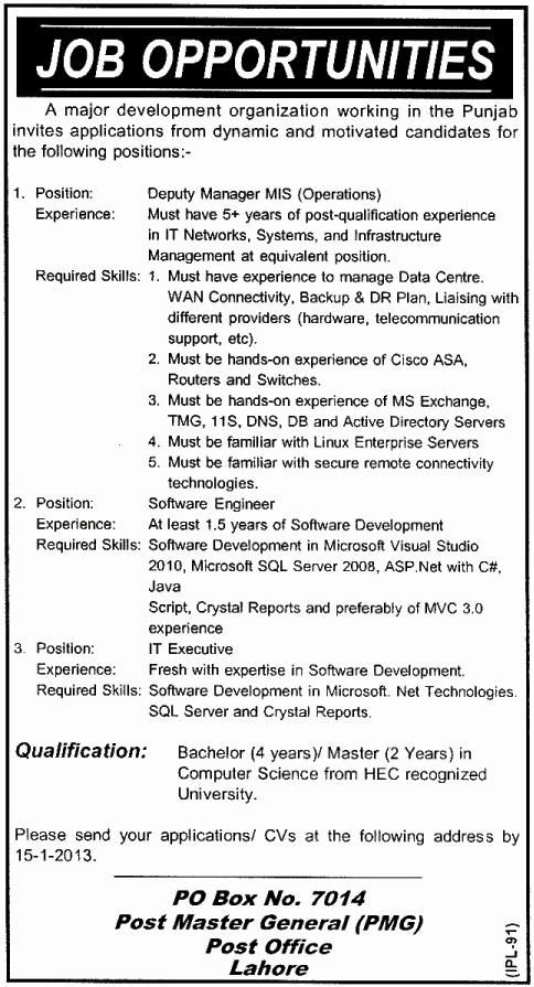 Mis Job Description Luxury Postmaster General Pmg Post Fice Lahore Jobs for