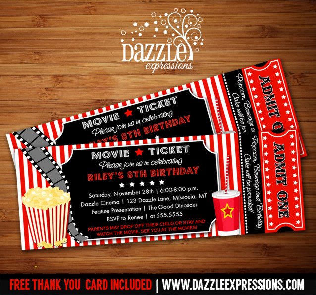 Movie Ticket Invitation Thank You Card Included