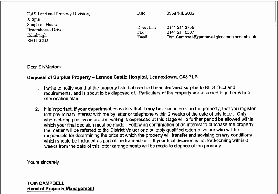 timing is everything lennoxtown initiative was set up way before approval of nhs ggc board given in how land sale proceeds would be used