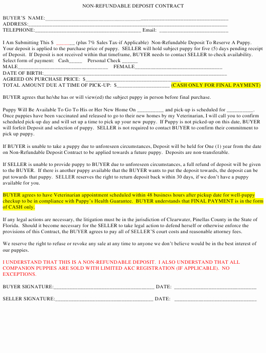 non refundable puppy deposit contract template