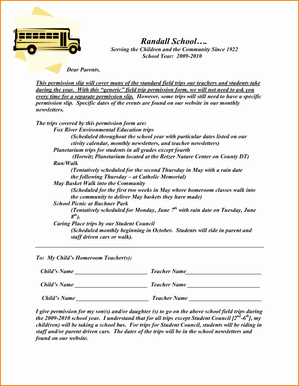 5 field trip permission slip template