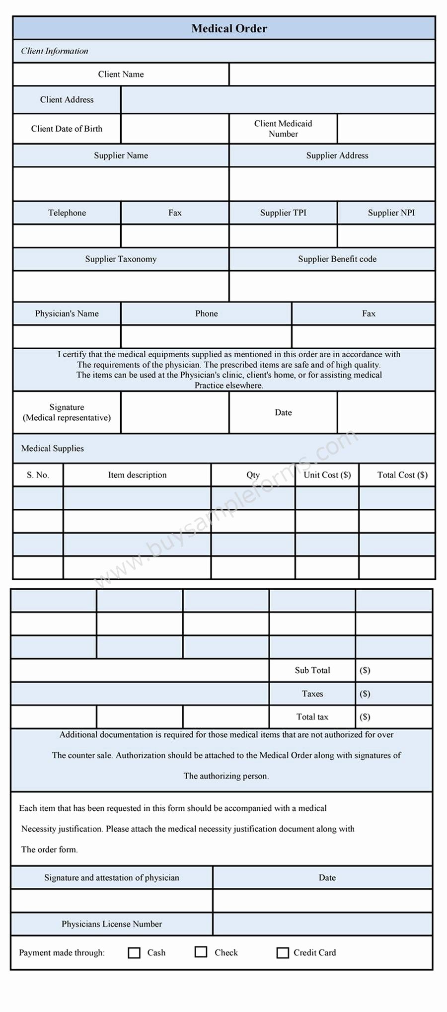 medical order form