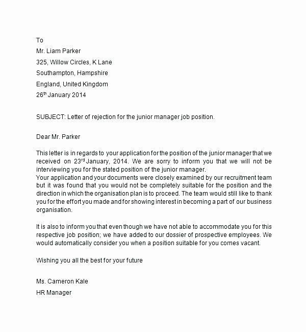 Rejection Letter For Internal Candidate
