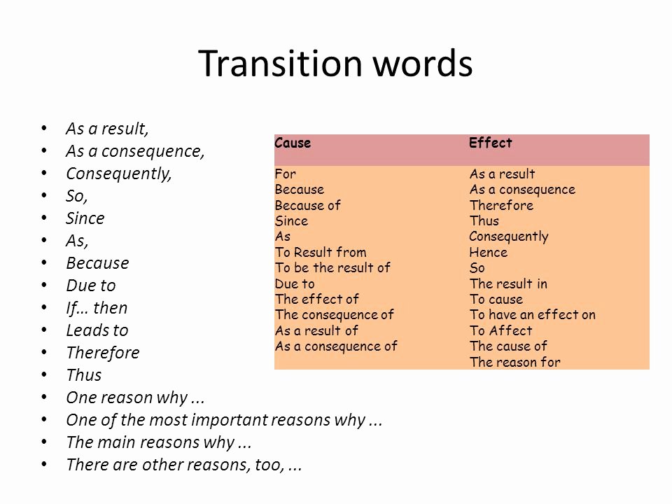 transition words in cause and effect essay