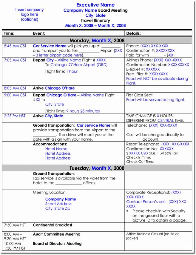 itinerary templates