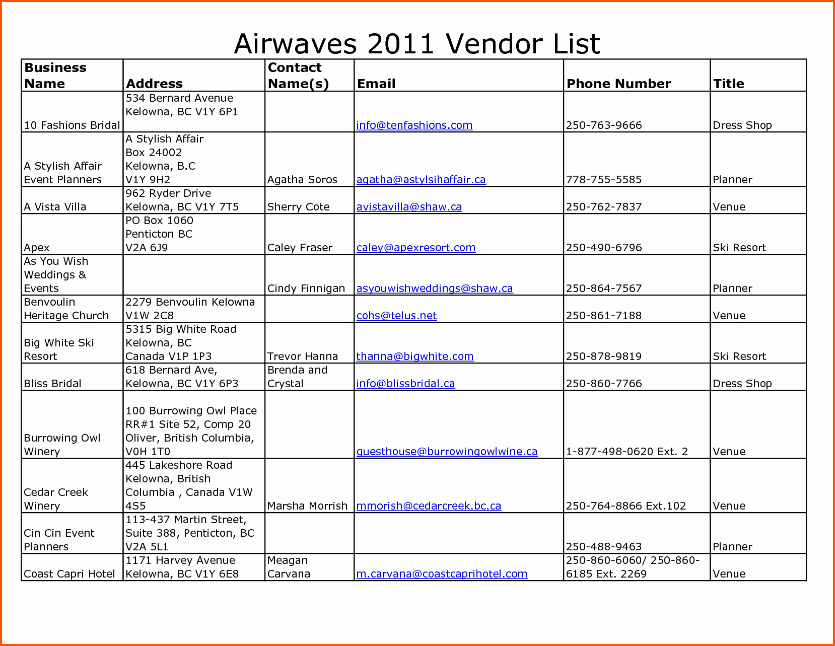 Wedding Vendor Contact List Template