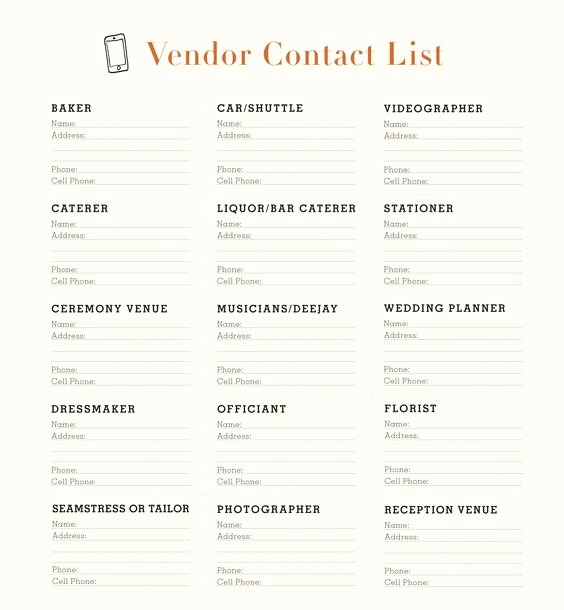 Wedding Vendor Contact List Template