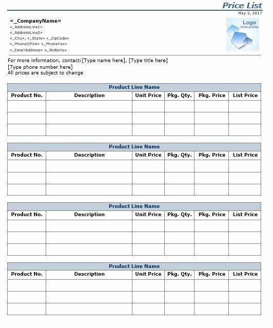 wholesale price list templates